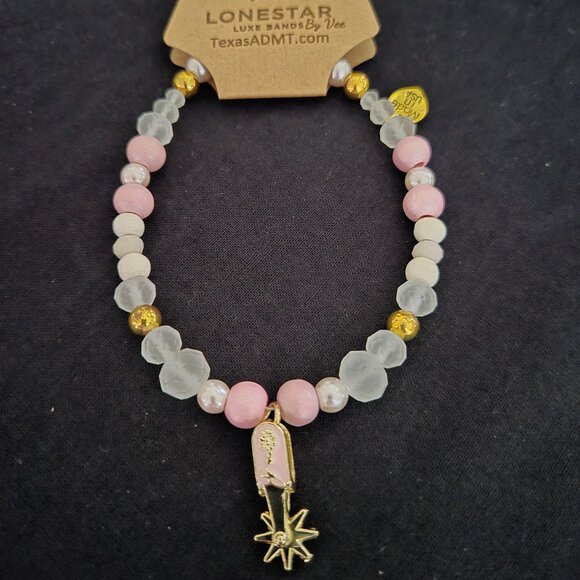 Handmade Western Beaded Hat Band Pink/Gold w/ Spur Charm - Picture 3 of 4